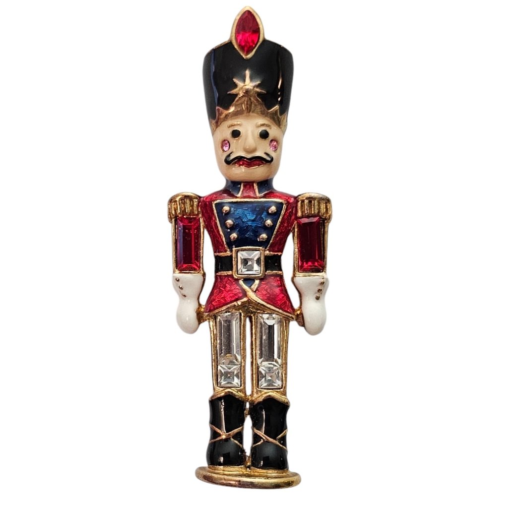 Christopher Radko Nutcracker Soldier Brooch Enamel, Rhinestone Pin, Signed L583